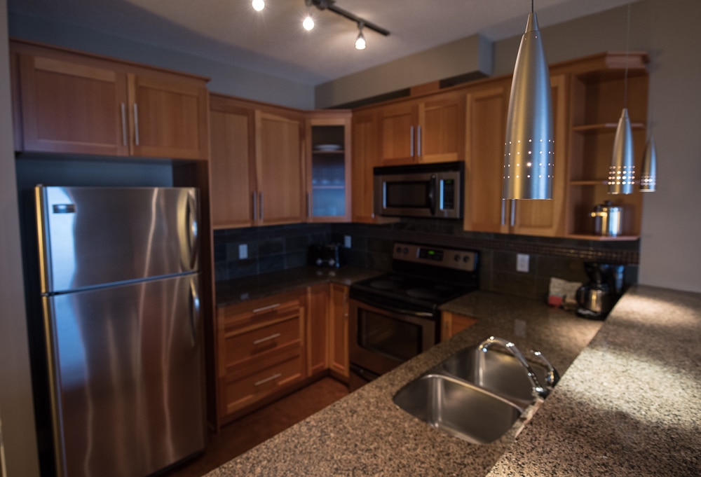 The kitchen in our ocean-view suite at our amazing Parksville hotel
