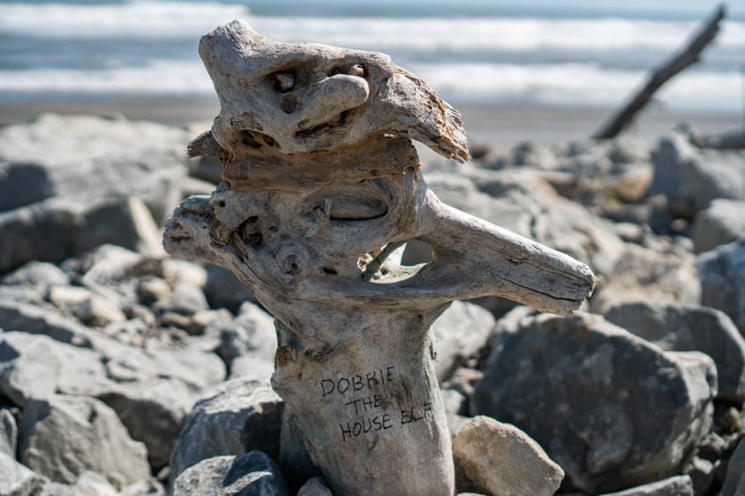 Dobbie the House Else driftwood art on Hokitika Beach