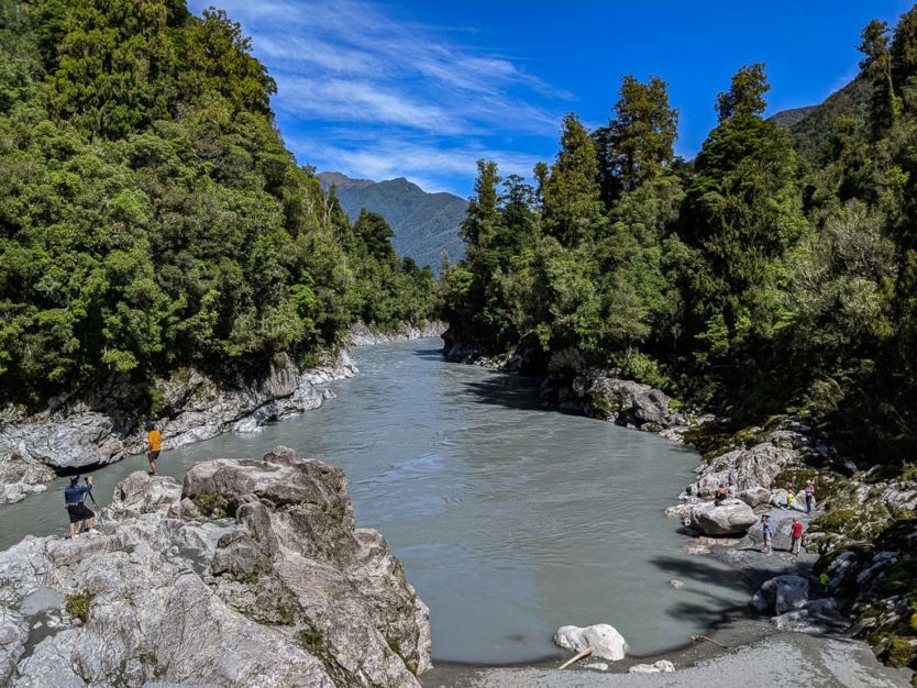 Hokitika Gorge when the water was not turquoise due to lack of rock flour in the water due the heavy rains in the days prior